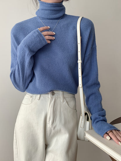 vlovelaw Solid Turtle Neck Pullover Sweater, Casual Long Sleeve Versatile Inner Wear Sweater, Women's Clothing