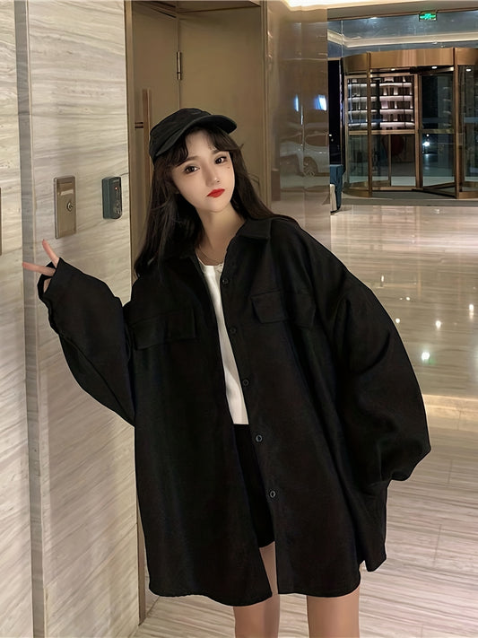 vlovelaw  Solid Oversized Shirt, Casual Button Front Long Sleeve Collared Shirt, Women's Clothing