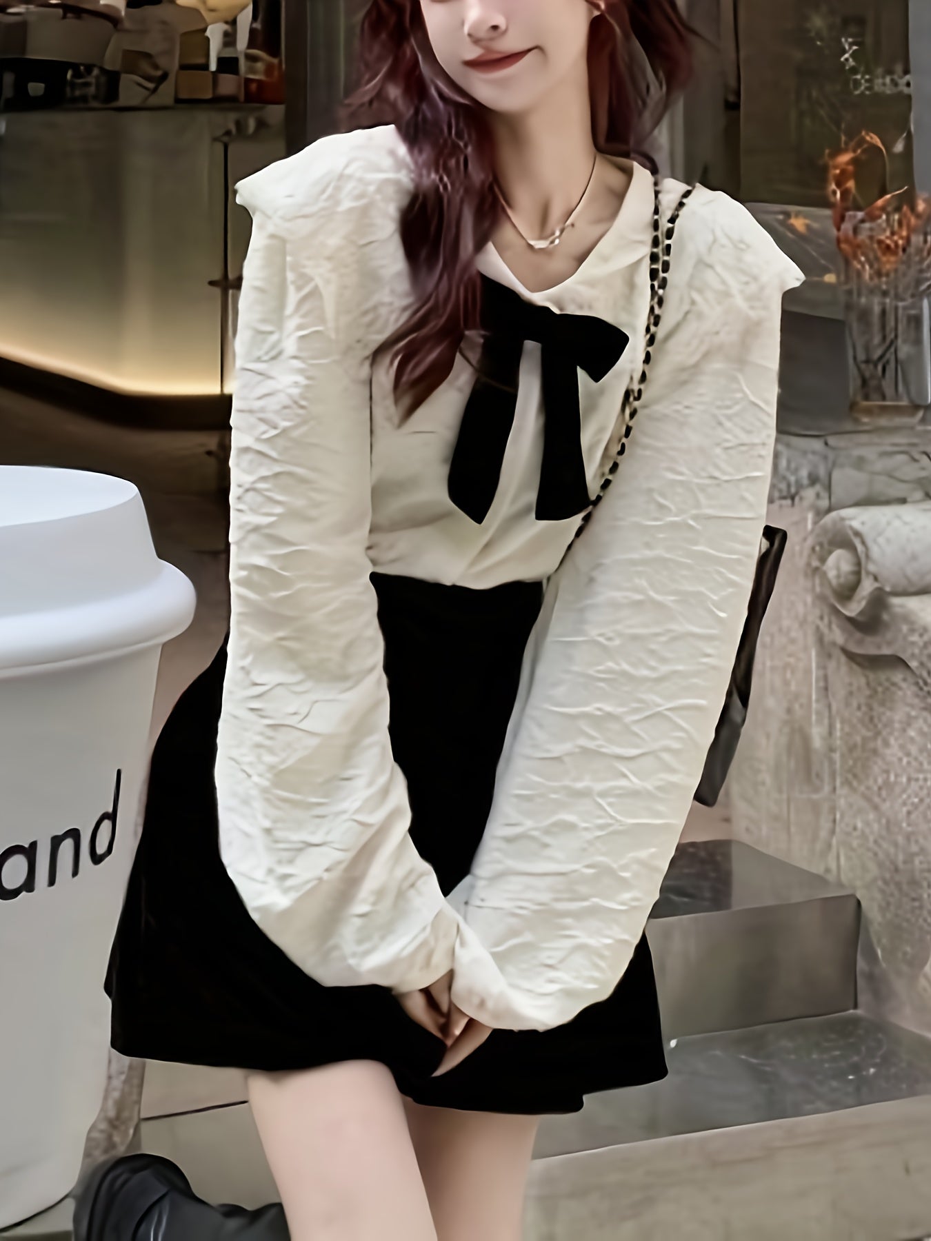 Bow Decor Sailor Collar Blouse, Sweet Long Sleeve Blouse For Spring & Fall, Women's Clothing