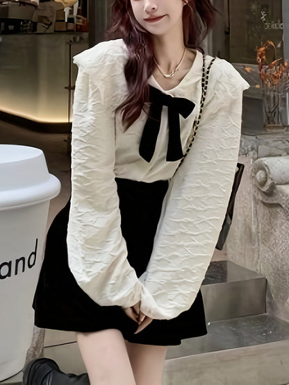 Bow Decor Sailor Collar Blouse, Sweet Long Sleeve Blouse For Spring & Fall, Women's Clothing
