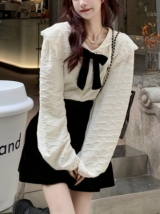 vlovelaw Bow Decor Sailor Collar Blouse, Sweet Long Sleeve Blouse For Spring & Fall, Women's Clothing