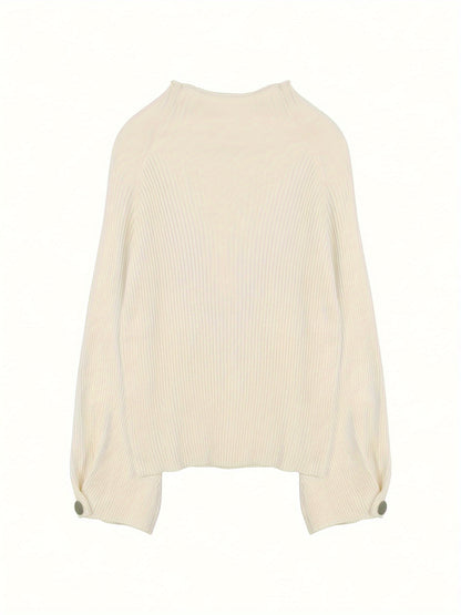 Button Decor Mock Neck Sweater, Elegant Long Sleeve Sweater For Fall & Winter, Women's Clothing