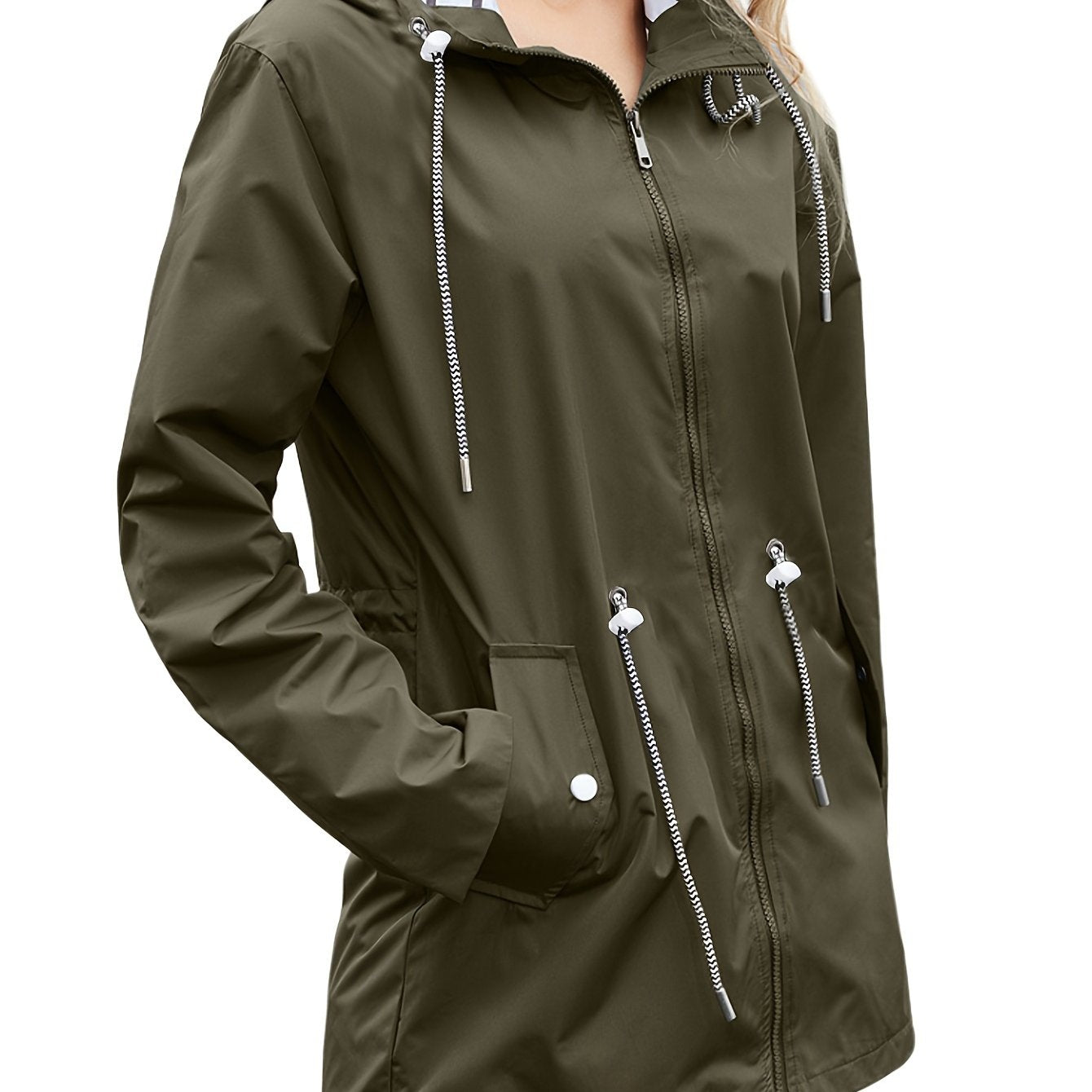 vlovelaw  Lightweight Waterproof Raincoats, Outdoor Hooded Windbreaker, Zip Up Drawstring Rain Jackets With Pockets, Women's Clothing