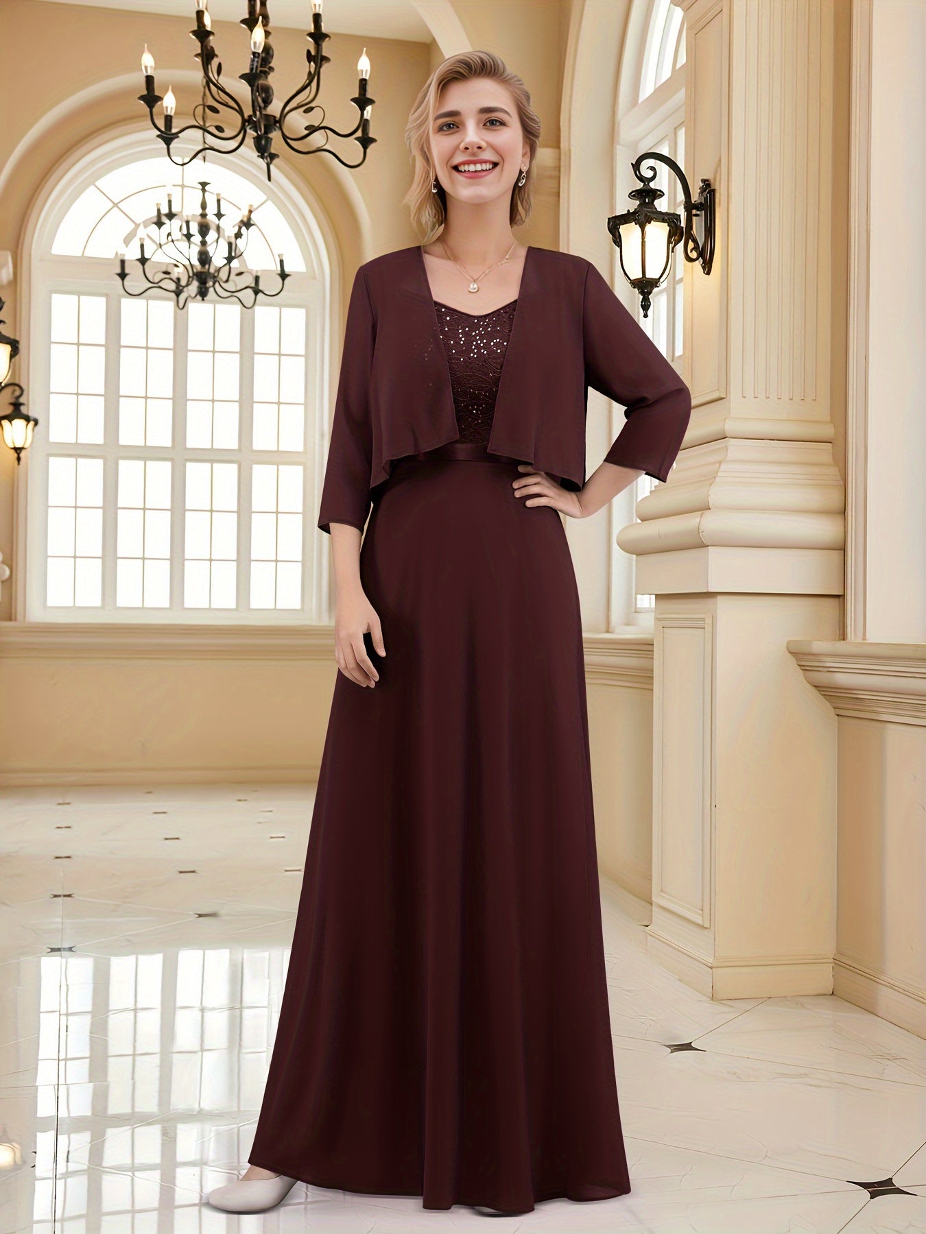 vlovelaw  Solid Color Two-piece Dress Set, Open Front Three-quarter Sleeve Cardigan & Sleeveless A-line Dress Outfits, Women's Clothing