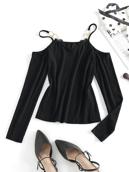 vlovelaw  Open Shoulder Lace Trim V Neck T-shirt, Casual Loose Long Sleeve Fashion Waist Spring Fall T-Shirts Tops, Women's Clothing