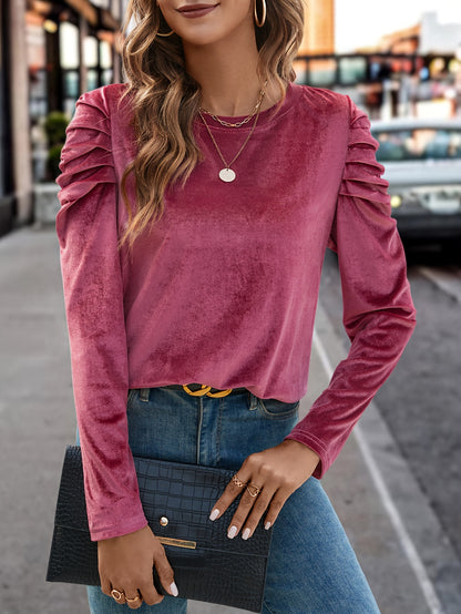 Solid Velvet Crew Neck Blouse, Casual Long Puff Sleeve Blouse For Spring & Fall, Women's Clothing