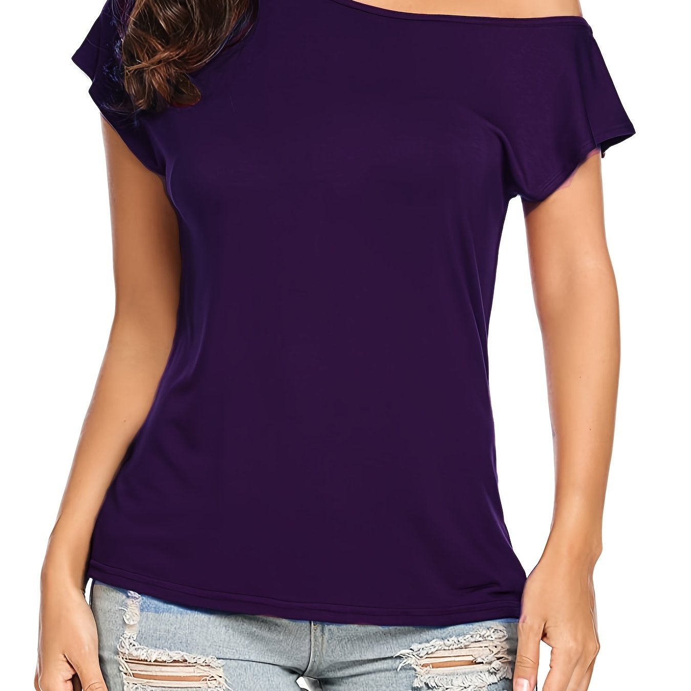 vlovelaw  Solid Slanted Shoulder Short Sleeve T-shirt, Asymmetrical Casual Loose Summer T-shirt, Women's Clothing