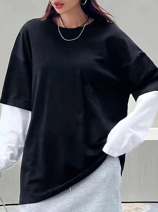 vlovelaw  Oversized Color Block 2 In 1 T-shirt, Drop Shoulder Long Sleeve T-shirt, Women's Clothing