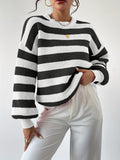 vlovelaw Striped Pattern Crew Neck Pullover Sweater, Y2K Lantern Sleeve Sweater For Fall & Winter, Women's Clothing