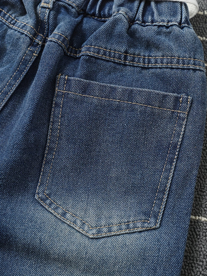 Kid's Chic Elastic Waist Jeans, Denim Pants With Pockets, Girl's Novelty Clothes For Spring Fall Winter