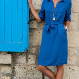 vlovelaw  Tie Waist Shirt Collar Dress With Pockets On Left Chest, Solid Casual Dress For Spring & Fall, Women's Clothing
