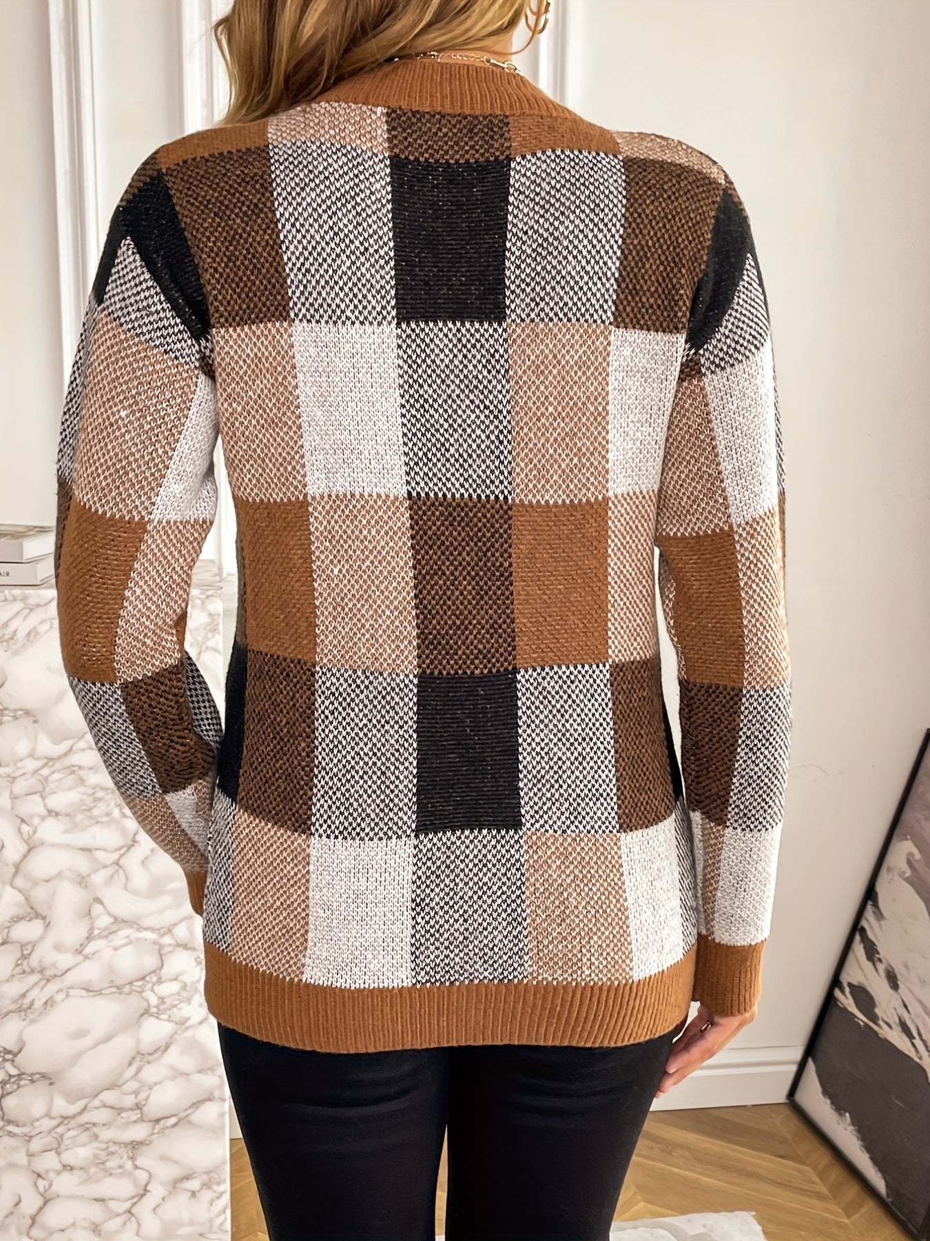 vlovelaw Plaid Pattern Crew Neck Pullover Sweater, Casual Long Sleeve Sweater For Fall & Winter, Women's Clothing