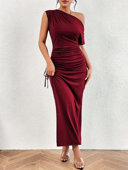 vlovelaw  Solid One Shoulder Dress, Elegant Ruched Short Sleeve Lace Up Dress, Women's Clothing