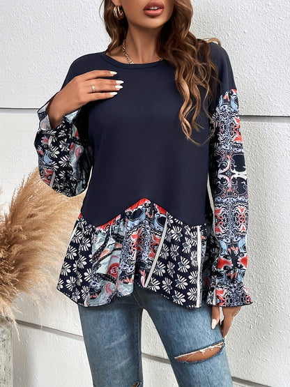 vlovelaw  Tribal Stitching Color Block Tee, Casual Long Sleeve Ruffle Trim T-shirt, Women's Clothing