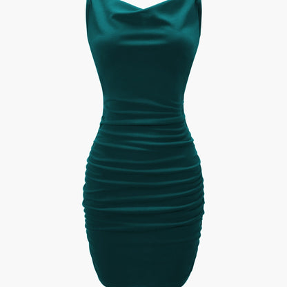 vlovelaw  Solid Cowl Neck Mini Dress, Ruched Side Body Con Cami Dress , Women's Clothings