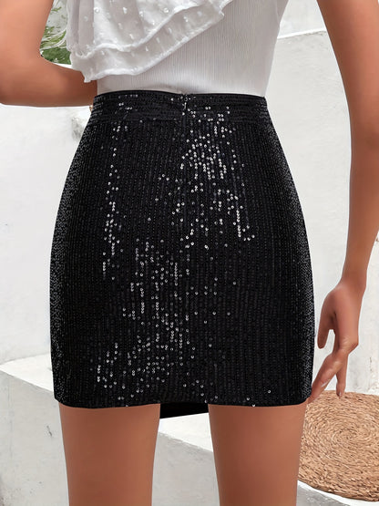 Sequined Button Asymmetrical Hem Skirt, Casual High Waist Mini Skirt, Women's Clothing