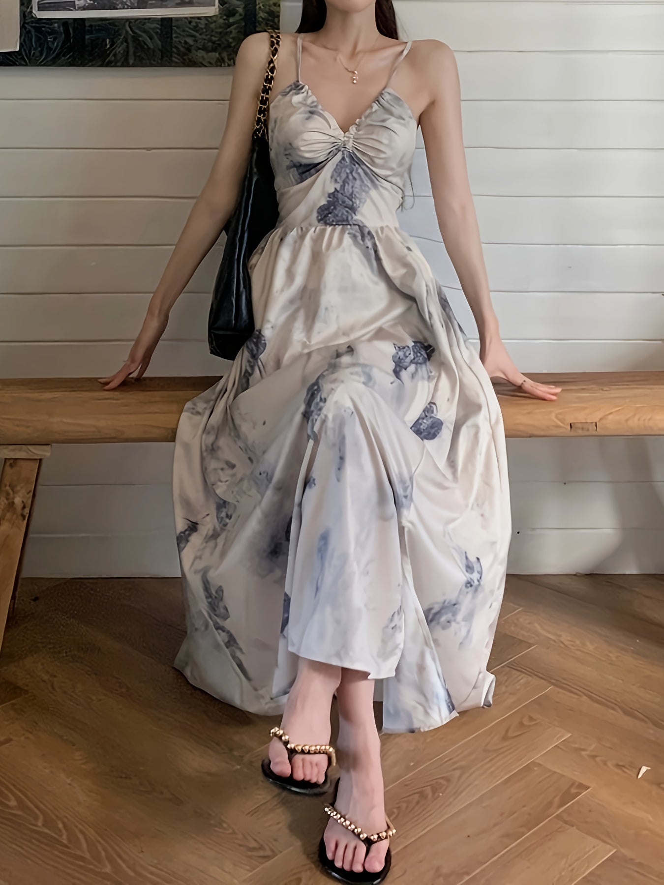 Ink Painting Print V-neck Cami Dress, Vintage Sleeveless Split Hem Ruched Dress For Spring & Summer, Women's Clothing