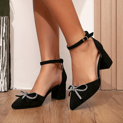 vlovelaw  Chic & Elegant High-Heel Pumps for Women - Versatile Solid Color with Pointed Toe, Glitter Bowknot, Block Heel, All-Season Party Shoes