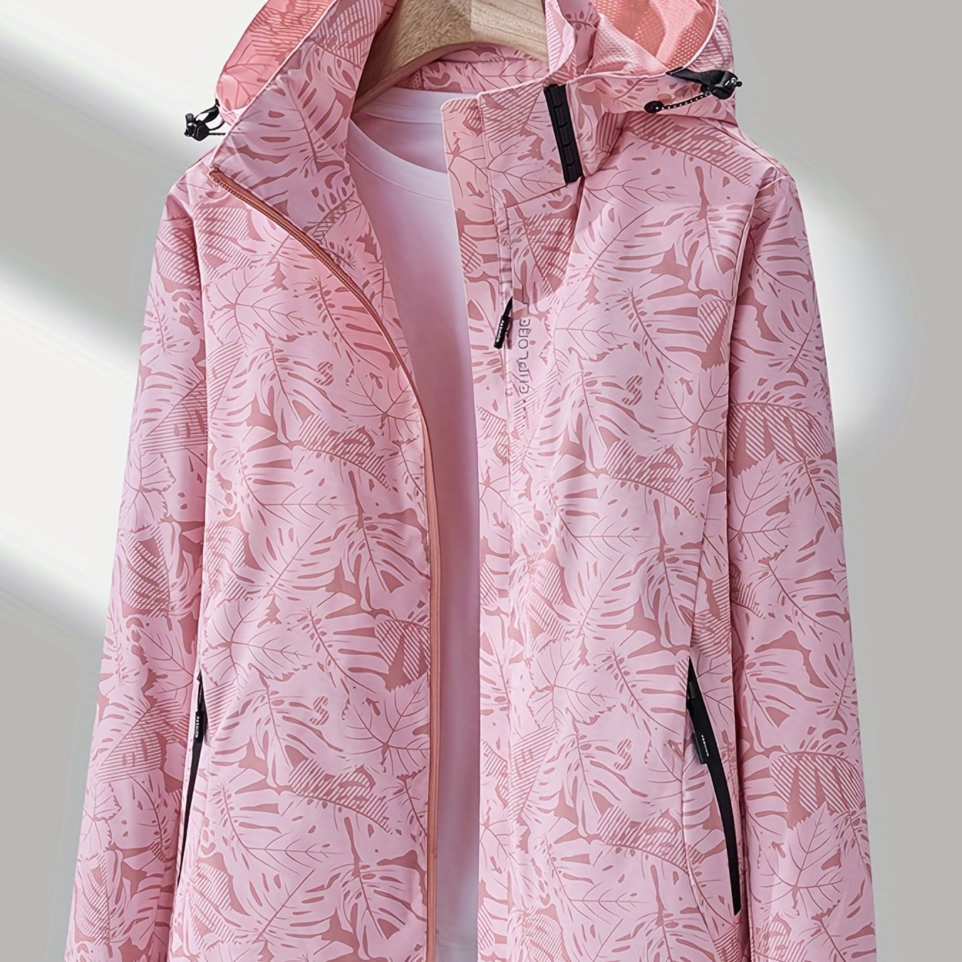 vlovelaw  Leaf Print Outdoor Jacket With Removable Hood, Women's Windproof & Rainproof Jacket, Women's Outdoor Clothing