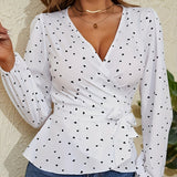 Heart Print Tie Waist Blouse, Casual Surplice Neck Long Sleeve Blouse For Spring & Summer, Women's Clothing