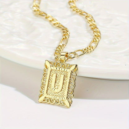 18K Gold Plated Square Monogram Pendant Necklace - Fashionable Personalized Alphabet Letter A-Z Figaro Chain Necklace for Men and Women - Copper Material, No Magnetic, No Mosaic, Plating-Free, Stylish Jewelry for Any Occasion