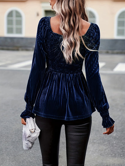 vlovelaw Shirred Velvet Square Neck T-Shirt, Elegant Long Sleeve Top For Spring & Fall, Women's Clothing