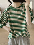 vlovelaw  Crew Neck Striped T-Shirt, Random Print Casual Top For Summer & Spring, Women's Clothing