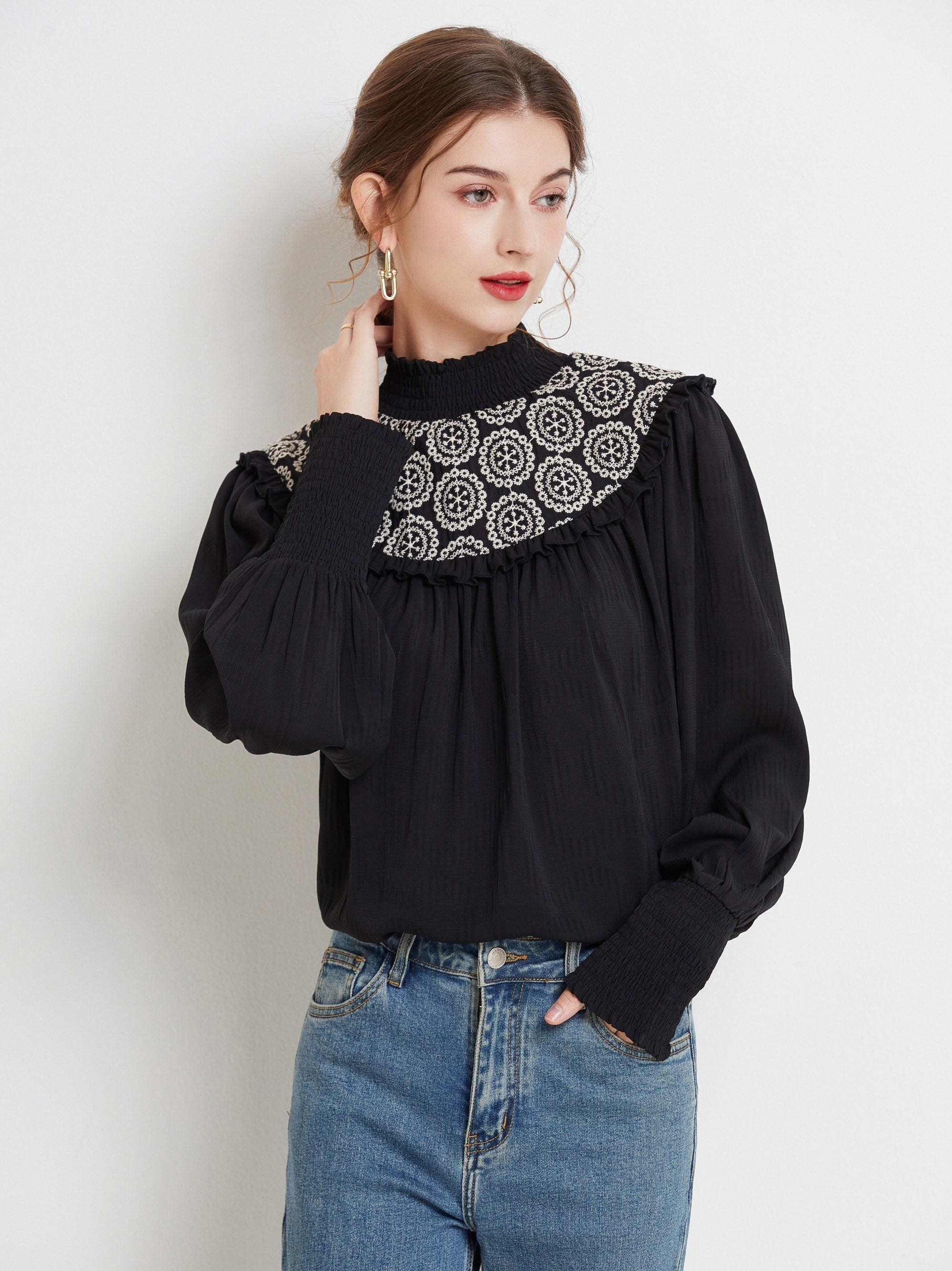 vlovelaw Floral Embroidered Blouse, Casual High Neck Long Sleeve Ruched Blouse, Women's Clothing