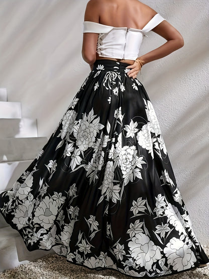 vlovelaw  Floral Print High Waist Flared Skirt, Elegant Big Swing Maxi Skirt, Women's Clothing