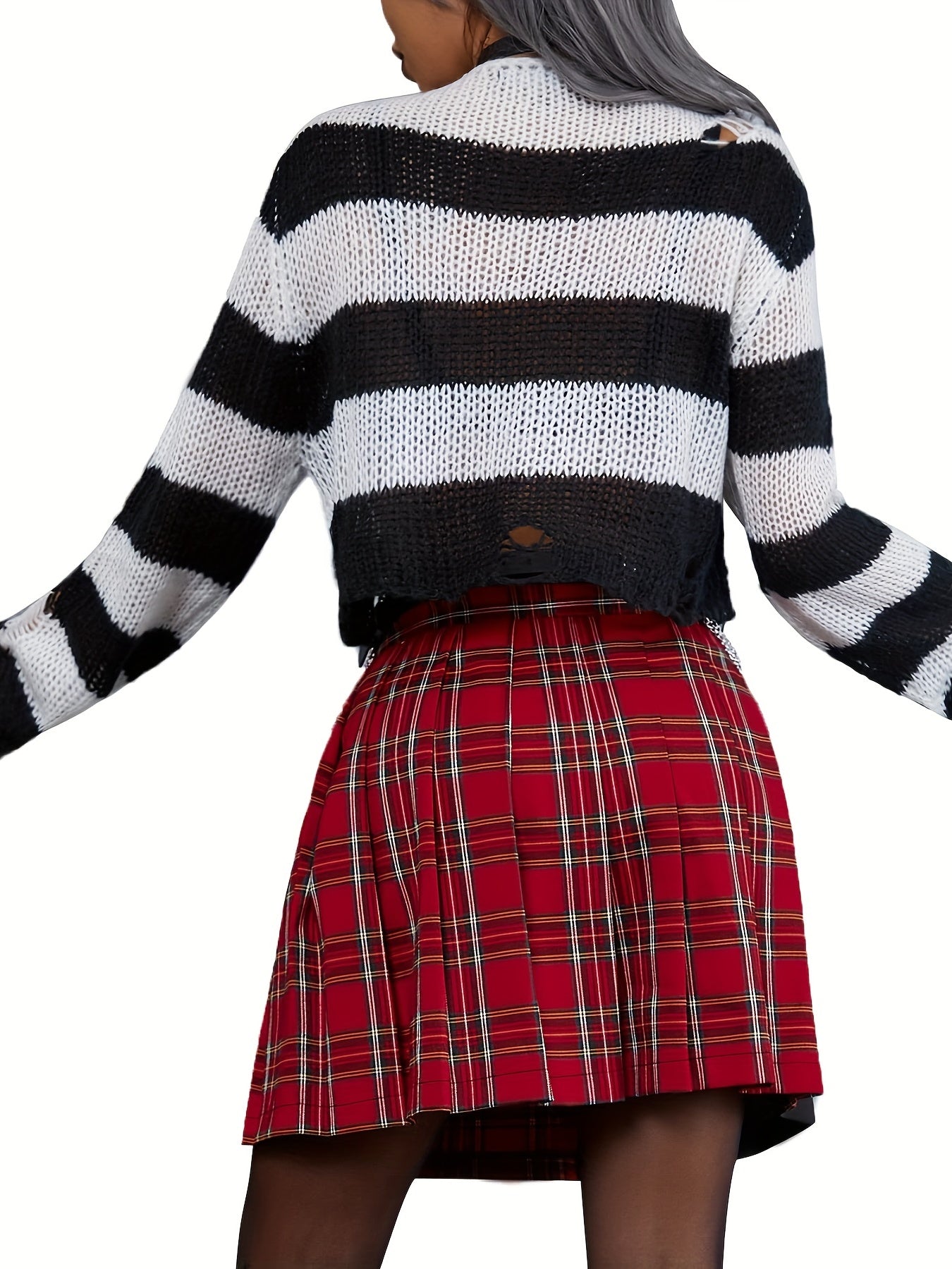 vlovelaw  Striped Crew Neck Ripped Sweater, Gothic Long Sleeve Crop Sweater For Spring & Fall, Women's Clothing
