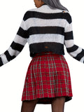 vlovelaw  Striped Crew Neck Ripped Sweater, Gothic Long Sleeve Crop Sweater For Spring & Fall, Women's Clothing