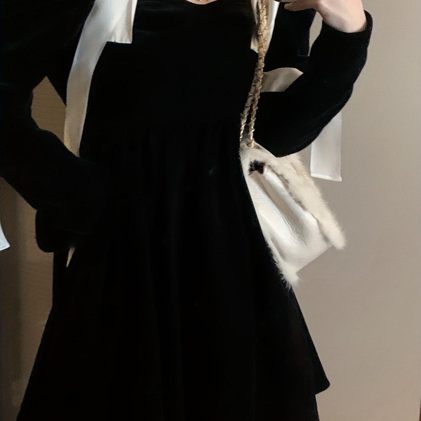 vlovelaw  Color Block Tie Shoulder Velvet Dress, Elegant Long Sleeve Party Dress, Women's Clothing