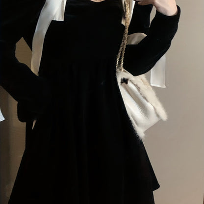vlovelaw  Color Block Tie Shoulder Velvet Dress, Elegant Long Sleeve Party Dress, Women's Clothing