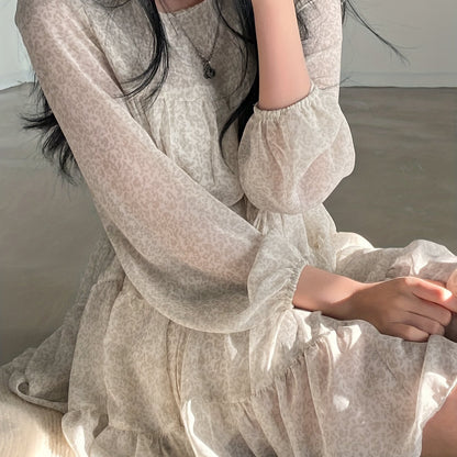 vlovelaw Allover Print Tie Waist Dress, Elegant Crew Neck Ruffle Hem Dress For Spring & Fall, Women's Clothing