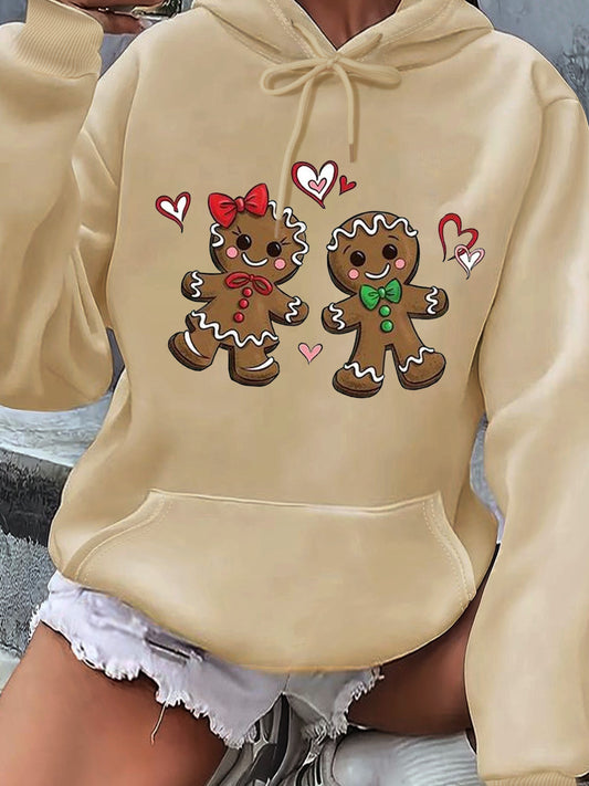 Festive Gingerbread Man Design Hoodie - Soft Casual Long Sleeve Kangaroo Pocket Sweatshirt with Relaxed Fit, Women's Cozy Winter Clothing for Holiday Season