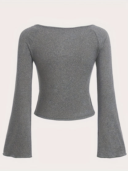 Graphic Print Crew Neck T-Shirt, Y2K Long Sleeve Top For Spring & Fall, Women's Clothing