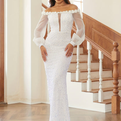 vlovelaw Solid Off Shoulder Sequined Bodycon Dress, Elegant Applique Bridesmaid Dress, Women's Clothing
