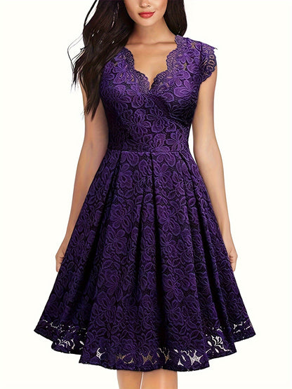 vlovelaw  Contrast Lace A-line Dress, Elegant V Neck Dress For Party & Banquet, Women's Clothing