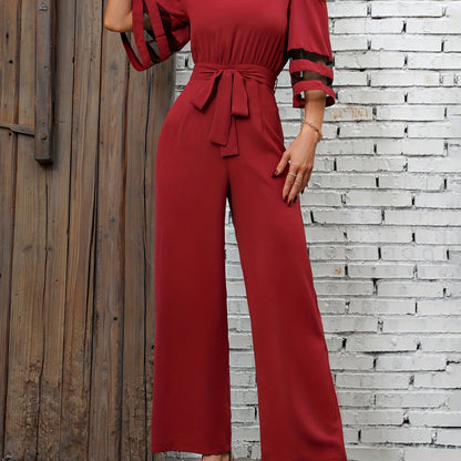 Chain Wide Leg Jumpsuit, Casual High Waist Contrast Mesh Jumpsuit, Women's Clothing