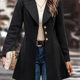 Solid Button Front Lapel Overcoat, Elegant Long Sleeve Winter Outwear, Women's Clothing