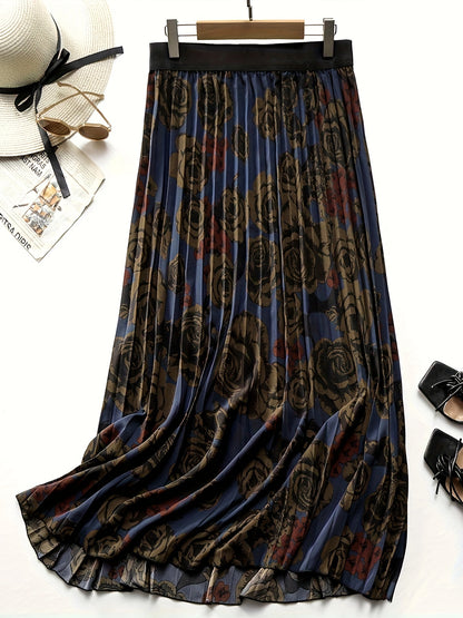 vlovelaw  Plus Size Floral Print Pleated Skirt, Elegant Skirt For Spring & Summer, Women's Plus Size Clothing
