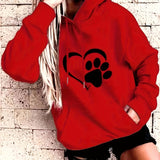 vlovelaw  Plus Size Casual Sweatshirt, Women's Plus Paw Heart Print Long Sleeve Medium Stretch Drawstring Hoodie With Pocket
