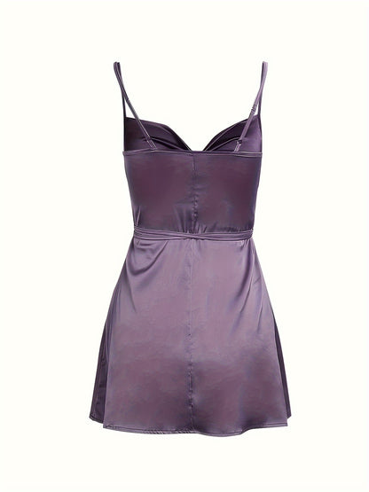 vlovelaw  Solid Ruched Belted Cami Dress, Elegant Sleeveless V-neck Dress For Spring & Summer, Women's Clothing