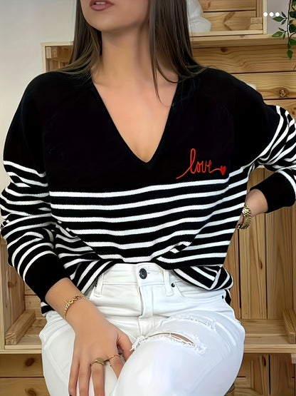 Striped V Neck Pullover Sweater, Casual Long Sleeve Sweater For Spring & Fall, Women's Clothing
