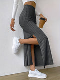vlovelaw  Ribbed Slit Hem Skirt, Casual Ankle Length Skirt For Spring & Summer, Women's Clothing