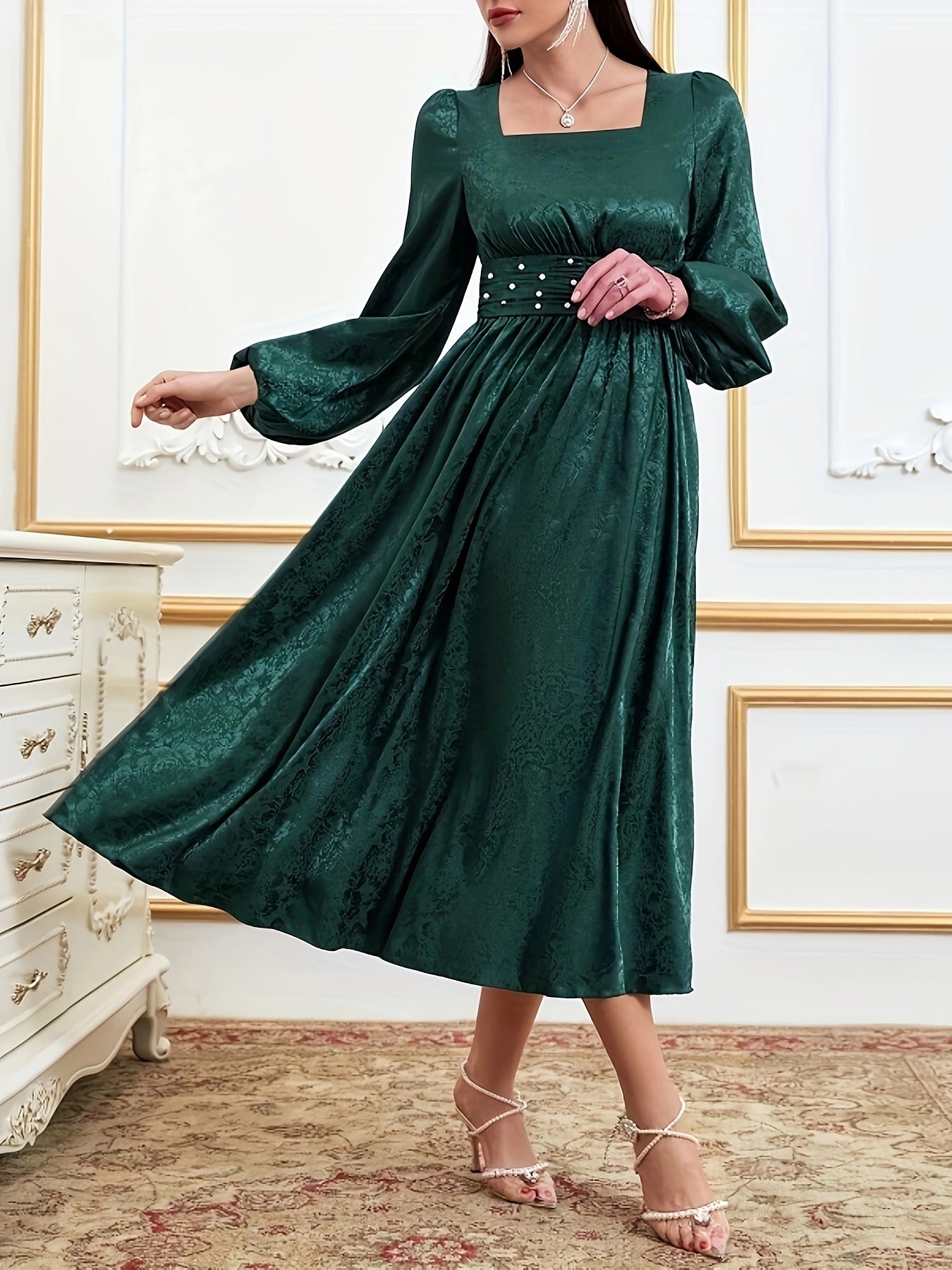 vlovelaw  Square Neck Cinched Waist Dress, Elegant Long Sleeve Dress For Spring & Fall, Women's Clothing