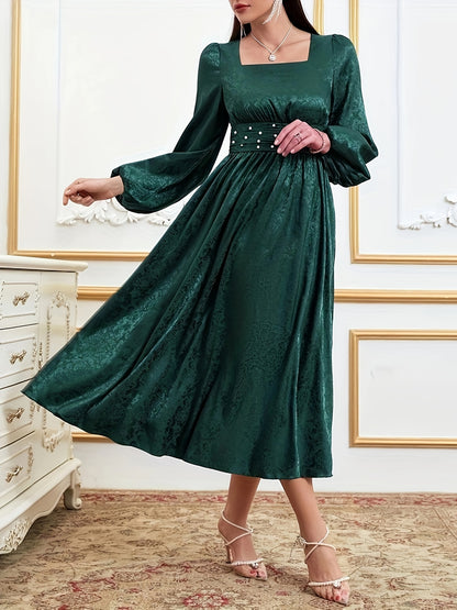 vlovelaw  Square Neck Cinched Waist Dress, Elegant Long Sleeve Dress For Spring & Fall, Women's Clothing