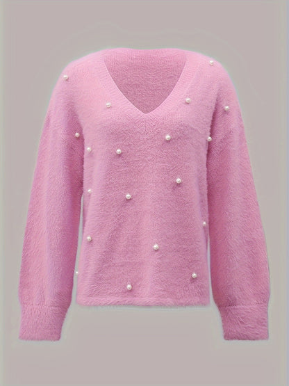 Rhinestone V Neck Fuzzy Sweater, Casual Long Sleeve Loose Sweater, Women's Clothing