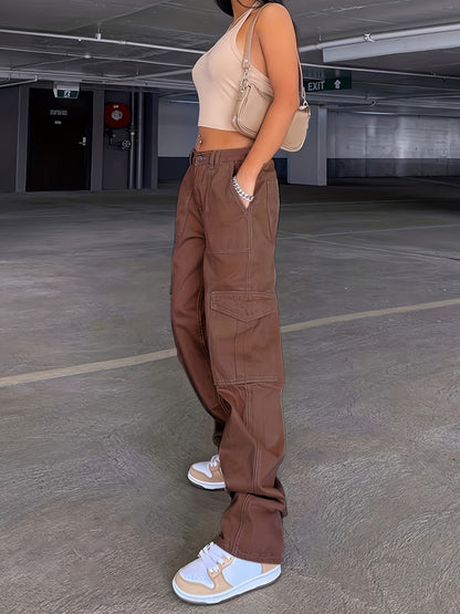Loose Fit High Waist Cargo Pants, Wide Legs High Rise Flap Pockets Non-Stretch Straight Legs Denim Pants, Y2K Kpop Vintage Style, Women's Denim Jeans & Clothing