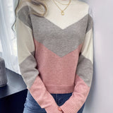 vlovelaw Color Block Crew Neck Sweater, Casual Long Sleeve Sweater For Fall & Winter, Women's Clothing